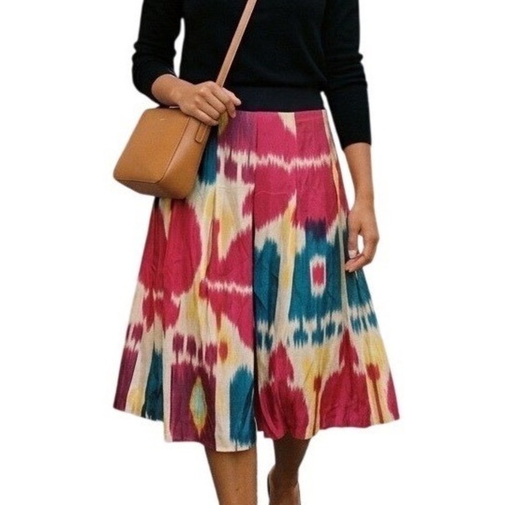 Lauren Ralphโ Lauren Petite 100% Silk Ikat Print Pleated Skirt Magenta Teal 12P